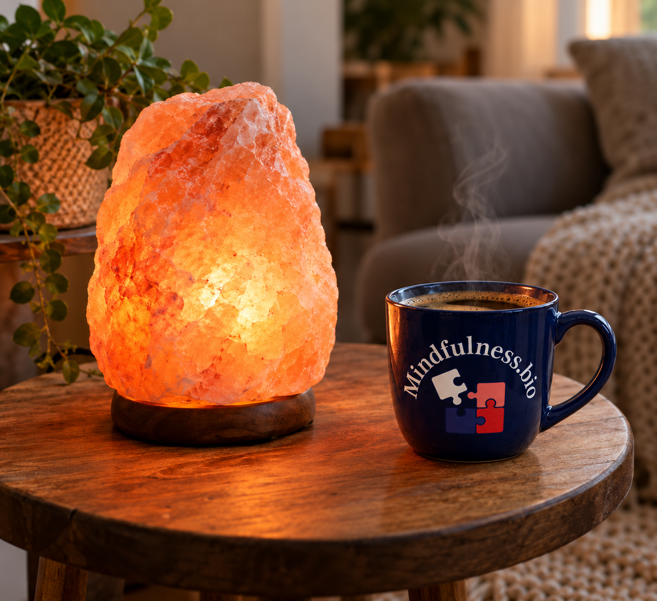Mindfulness Bio-mok naast een brandende zoutlamp